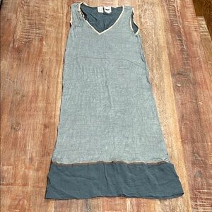 DKNY Vintage Blue Silk Knit V-Neck Slip Dress with Pink and Brown Trim